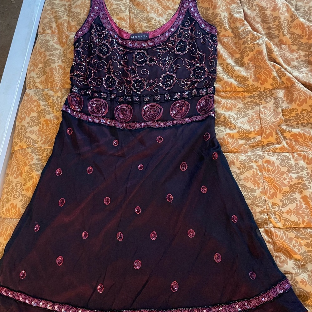 MARINA 100% SILK Black and Red Sequin Dress